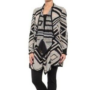 Lucky Brand Cardigan Womens Large Black Aztec Southwestern Boho Waterfall Artsy